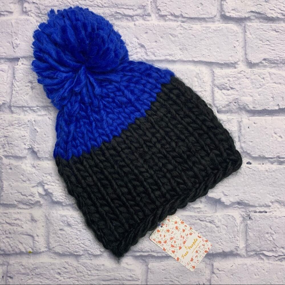 Free People Cozy Up Color Block Pom Beanie in Blue/Black